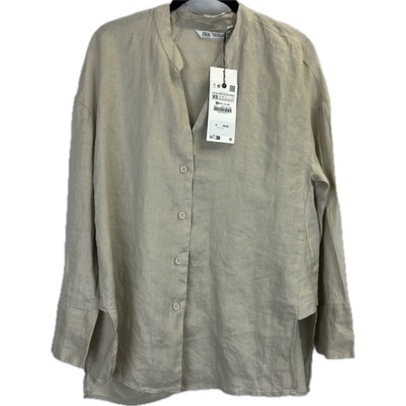 NWT ZARA 100% Linen Button-Down Asymmetrical Shirt in Taupe Gray - Picture 1 of 10